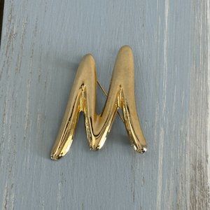 Awesome Vintage Initial M or W Brooch Shiny Gold Tone Metal